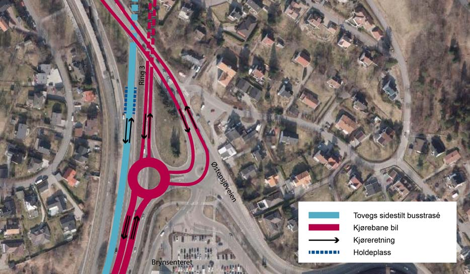 3.3 KRYSS VED BRYN SENTER Dagens løsning har påkjøringsrampe til sørgående retning på vestsiden av Ring 3, samt både av- og påkjøringsramper til nordgående kjøreretning på østsiden.