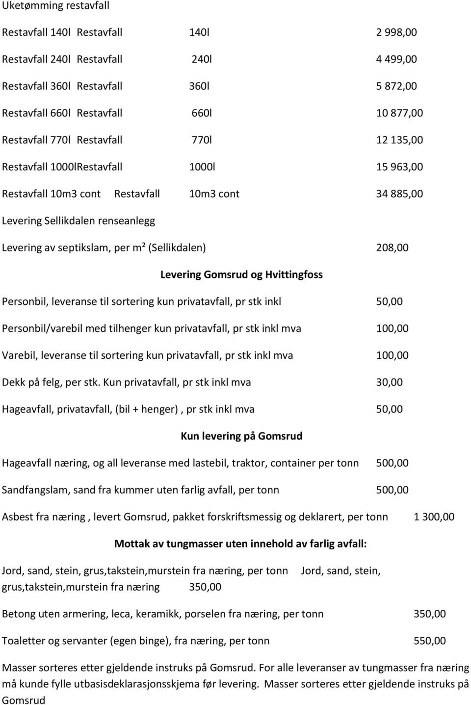 (Sellikdalen) 208,00 Levering Gomsrud og Hvittingfoss Personbil, leveranse til sortering kun privatavfall, pr stk inkl 50,00 Personbil/varebil med tilhenger kun privatavfall, pr stk inkl mva 100,00