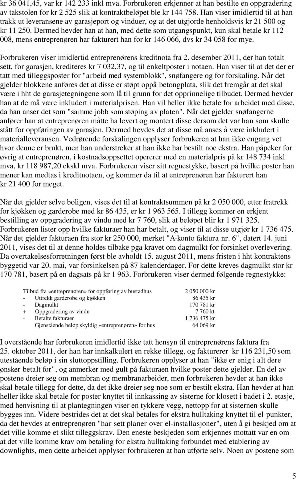 Dermed hevder han at han, med dette som utgangspunkt, kun skal betale kr 112 008, mens entreprenøren har fakturert han for kr 146 066, dvs kr 34 058 for mye.