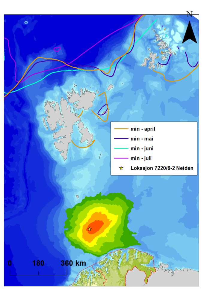 Figur 3-7 Nordlig orientering av influensområdet etter utblåsning fra letebrønn 7220/6-2 sammenlignet med minimal månedlig isutbredelse (15 % iskonsentrasjon) i perioden 1984-2013, for månedene april