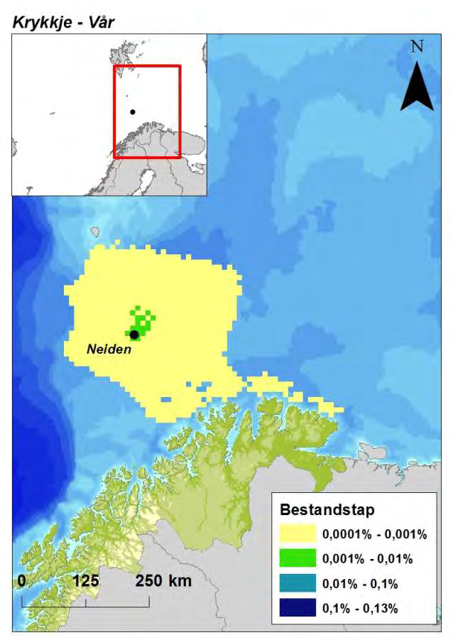 Figur 6-3 Effektområder for krykkje (vår og vinter) og lunde (sommer og høst) etter utblåsning fra letebrønn 7220/6-2.