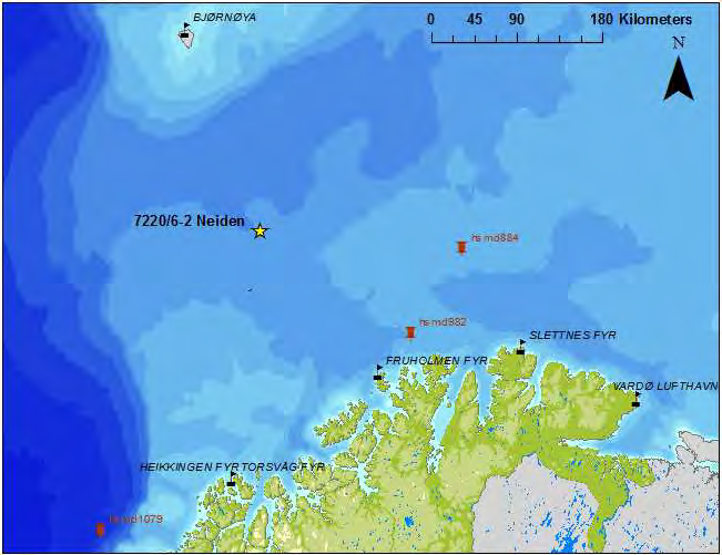 Figur 7-3 Oversikt over stasjoner for innsamling av data for vindstyrke, sjøtemperatur (eksempel: Furuholmen Fyr) og bølgehøyder (eksempel: hsmd 982). Lokasjon for letebrønn 7220/6-2 er vist.