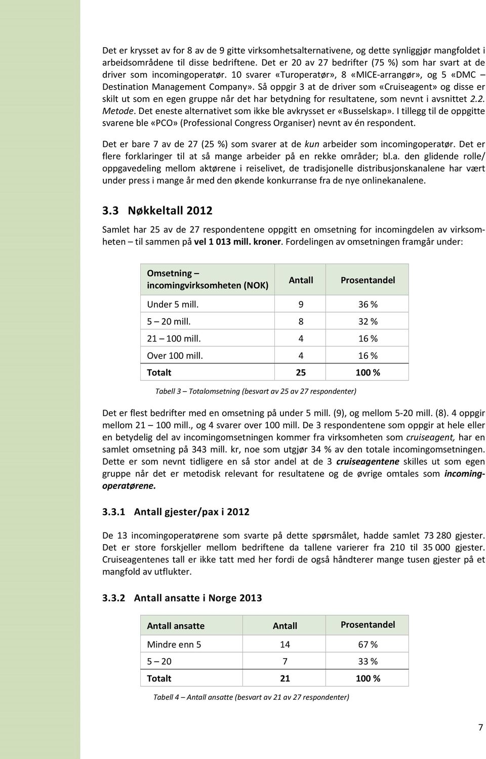 Så oppgir 3 at de driver som «Cruiseagent» og disse er skilt ut som en egen gruppe når det har betydning for resultatene, som nevnt i avsnittet 2.2. Metode.