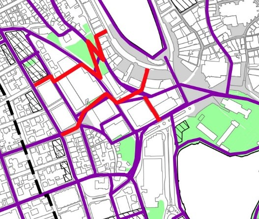 Illustrasjonen over viser gangforbindelse gjennom Romsøbygget, og to forbindelser fra Vågen til Løkkeveien. Hovedsykkelruter Plankartet må vise et fullstendig og sammenhengende hovednett for sykkel.