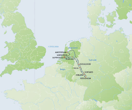 T IL DEG SOM SKAL PÅ CRUISE Nederland og romantiske Rhinen REISERUTE D ag 1 Norge - Amsterdam - Kinderdijk D ag 2 Kinderdijk - Rotterdam - Nijmegen D ag 3 Nijmegen - Köln D ag 4 Köln - Koblenz D ag 5