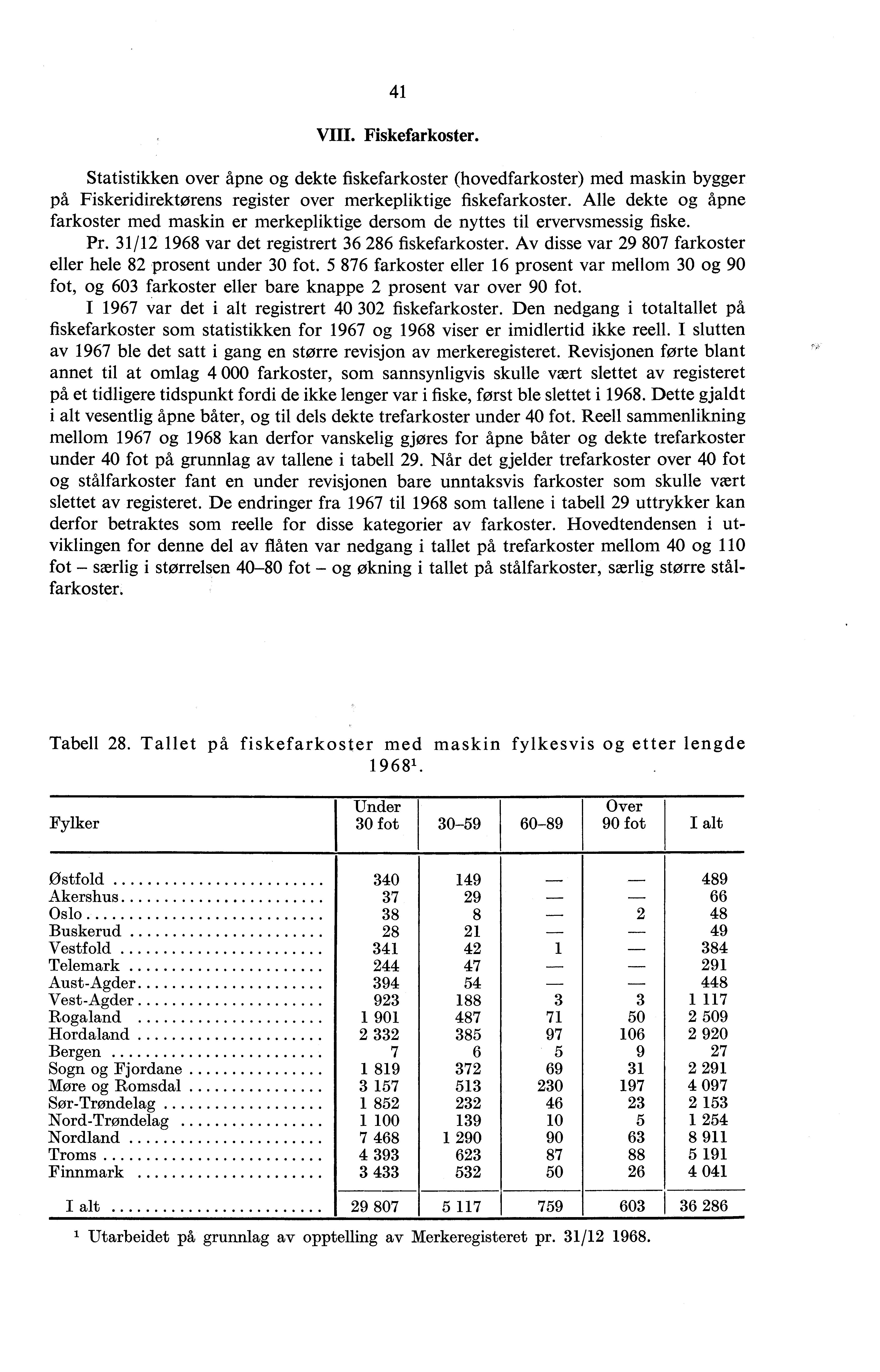 4 VIII. Fiskefarkoster. Statistikken over åpne og dekte fiskefarkoster (hovedfarkoster) med maskin bygger på Fiskeridirektørens register over merkepliktige fiskefarkoster.