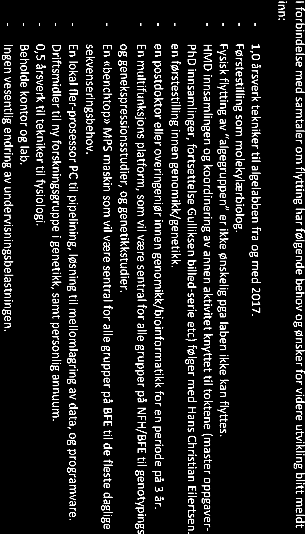 - en Vedlegg sak BFE 03-16 I forbindelse med samtaler om flytting har følgende behov og ønsker for videre utvikling blitt meldt inn: - 1,0 - Førstestilling - Fysisk - HMD - en - En - En - En -