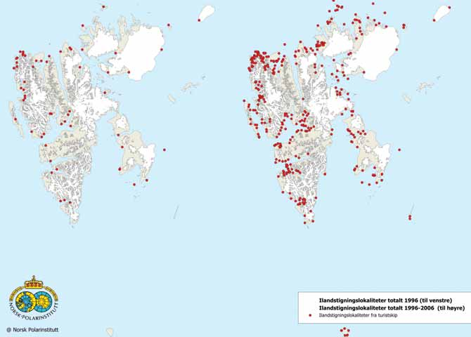 Kart 3 Utvikling i antall ilandstigningssteder 1996 2006 Kilde: Norsk Polarinstitutt Når det gjelder ferdselsslitasje i utvalgte områder, skjer det en overvåkning av utvalgte kulturminnelokaliteter i