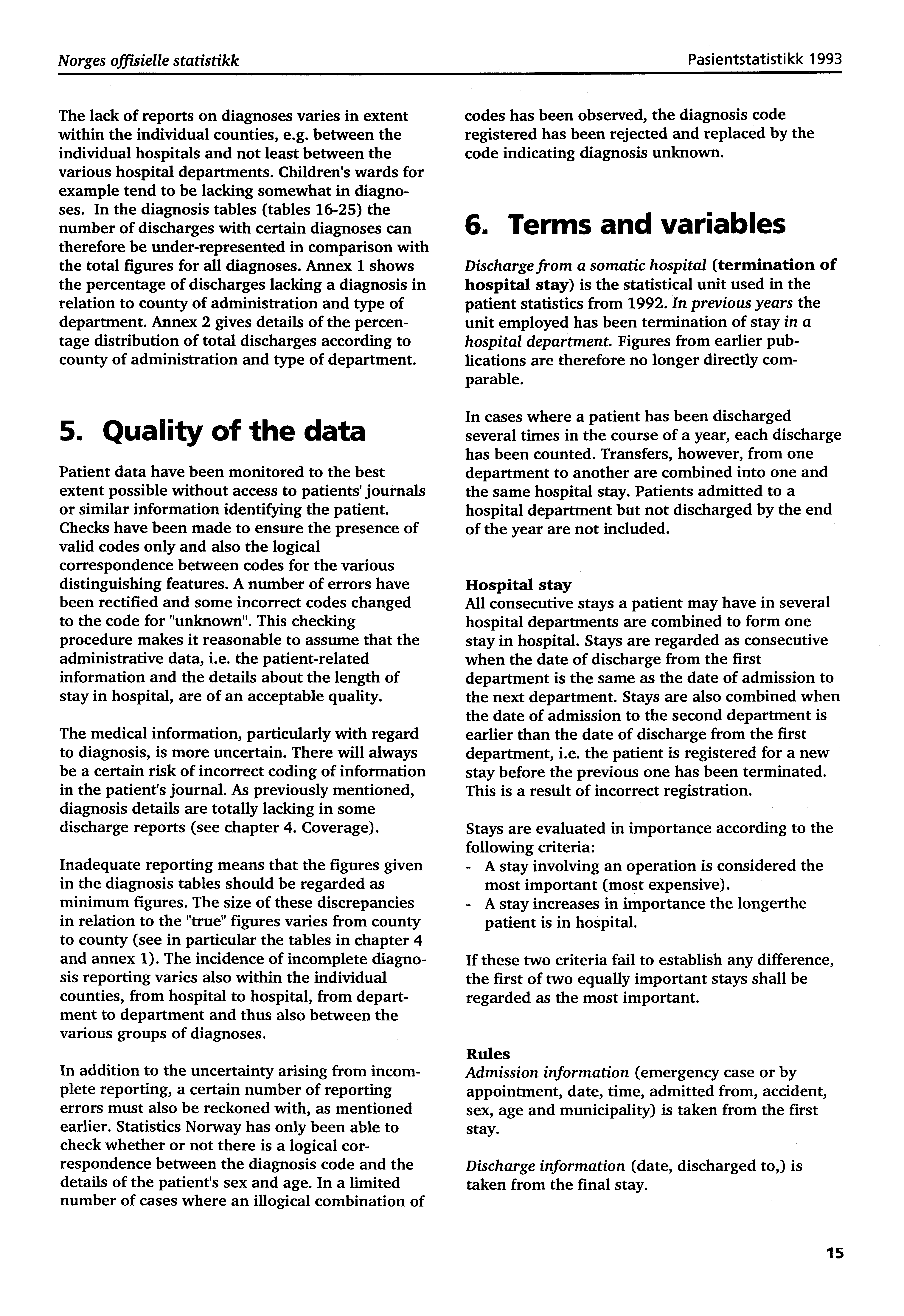 Norges offisielle statistikk Pasientstatistikk 1993 The lack of reports on diagnoses varies in extent within the individual counties, e.g. between the individual hospitals and not least between the various hospital departments.