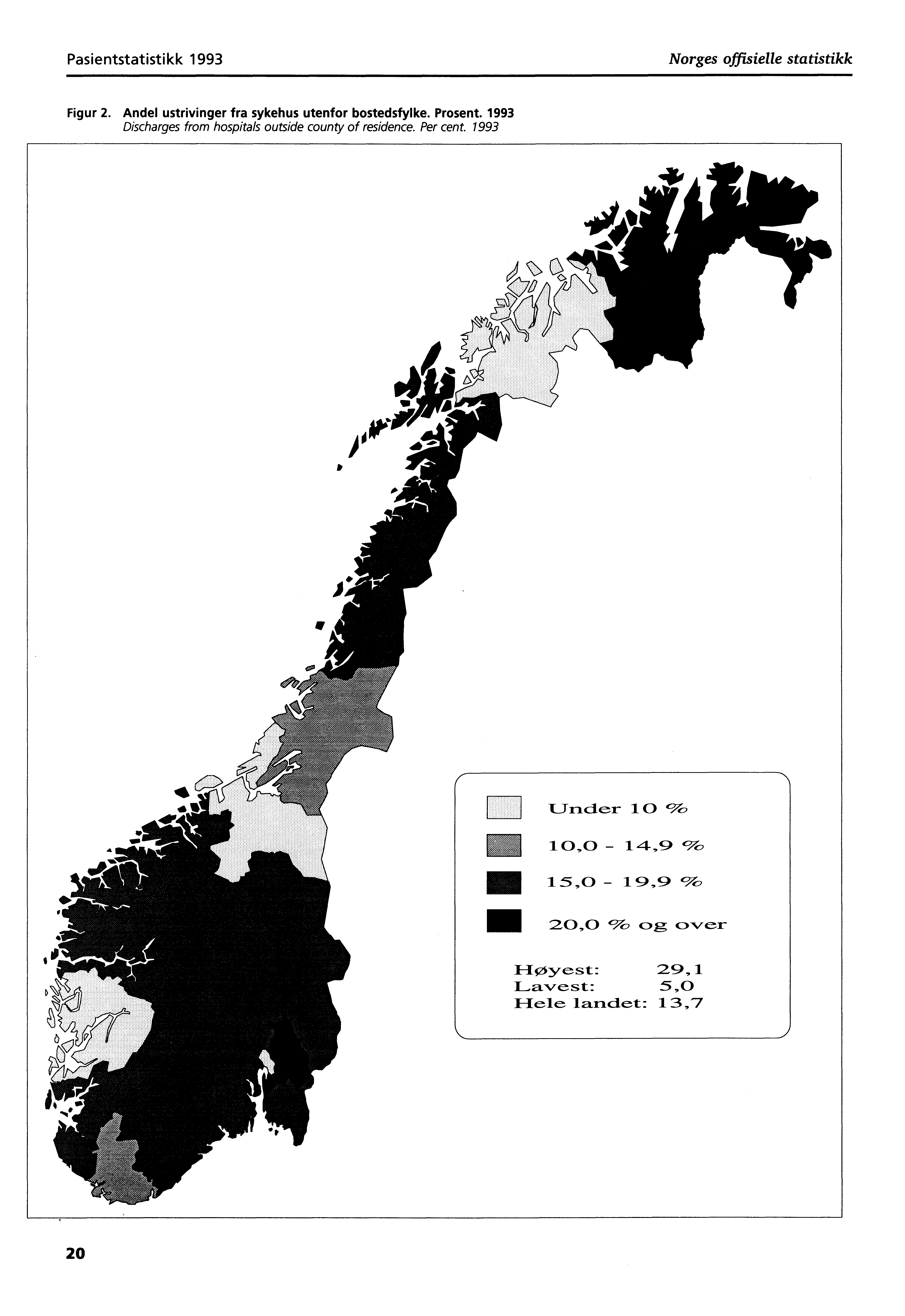 Pasientstatistikk 1993 Norges offisielle statistikk Figur 2. Andel ustrivinger fra sykehus utenfor bostedsfylke. Prosent.