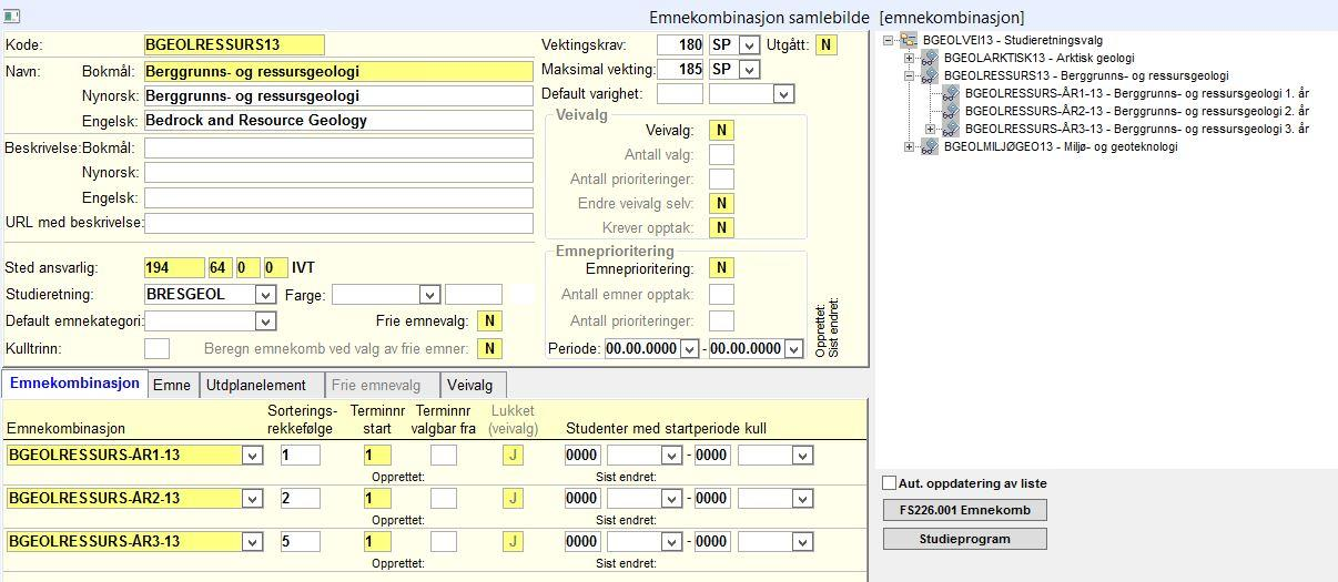 Emnekombinasjoner Veivalg 2 Underliggende emnekombinasjoner De konkrete veivalgene er oftest knyttet til studieretninger e.l. Koblingen mellom emnekombinasjon som representerer veivalget og studieretning som er registrert under program skjer i emnekombinasjonsbildet for de enkelte veivalg.