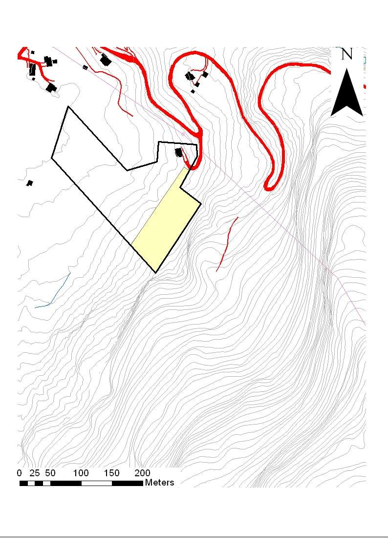 SKREDFAREVURDERING KJERLANDSHAGEN, GRANVIN HERAD 13 Modelleringa til profil 2 er brukt som mal for utløpslengd også på dei andre potensielle løysneområda langs brattkanten bak området (Fig. 9).