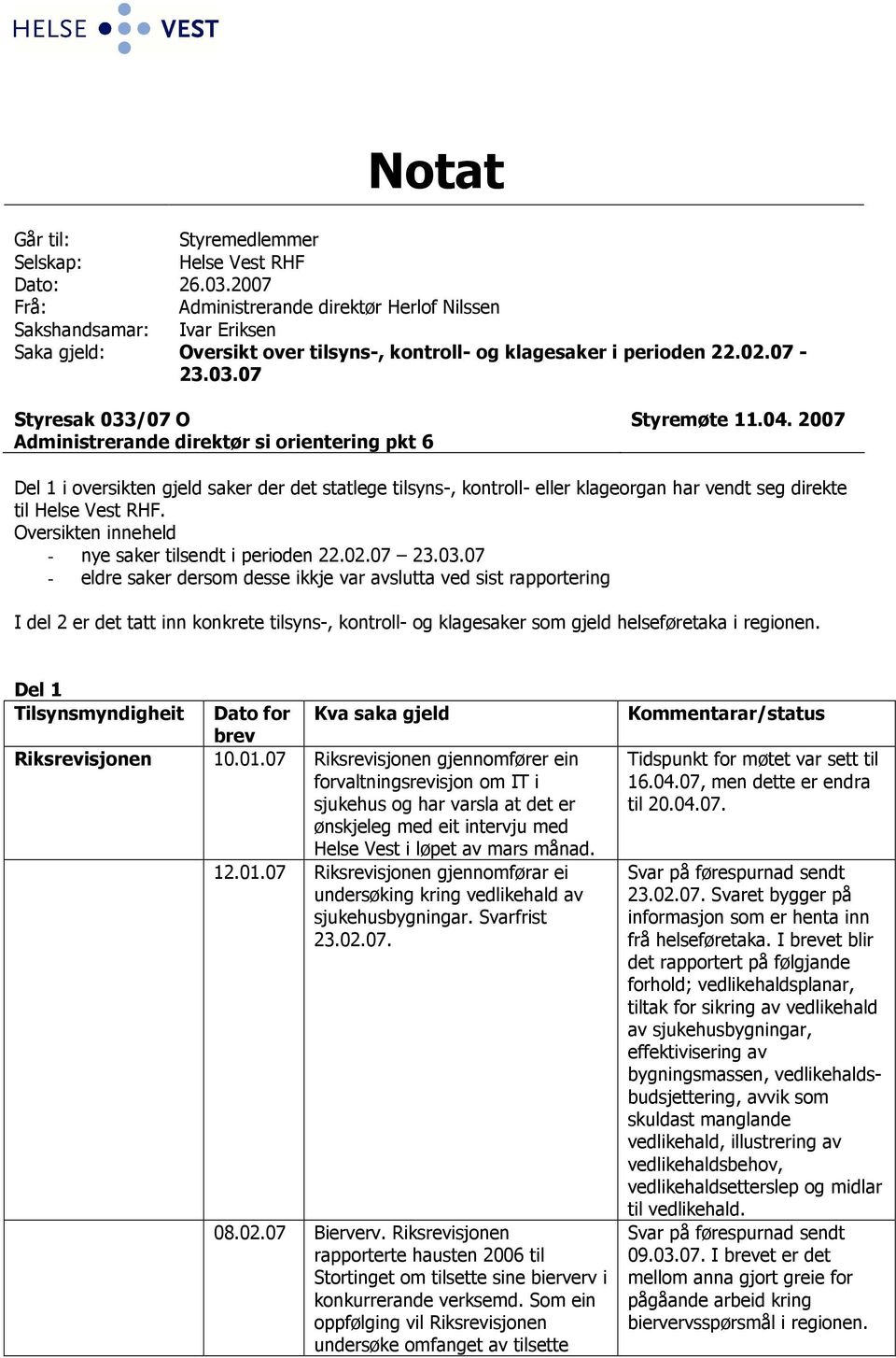 04. 2007 Administrerande direktør si orientering pkt 6 Del 1 i oversikten gjeld saker der det statlege tilsyns-, kontroll- eller klageorgan har vendt seg direkte til Helse Vest RHF.