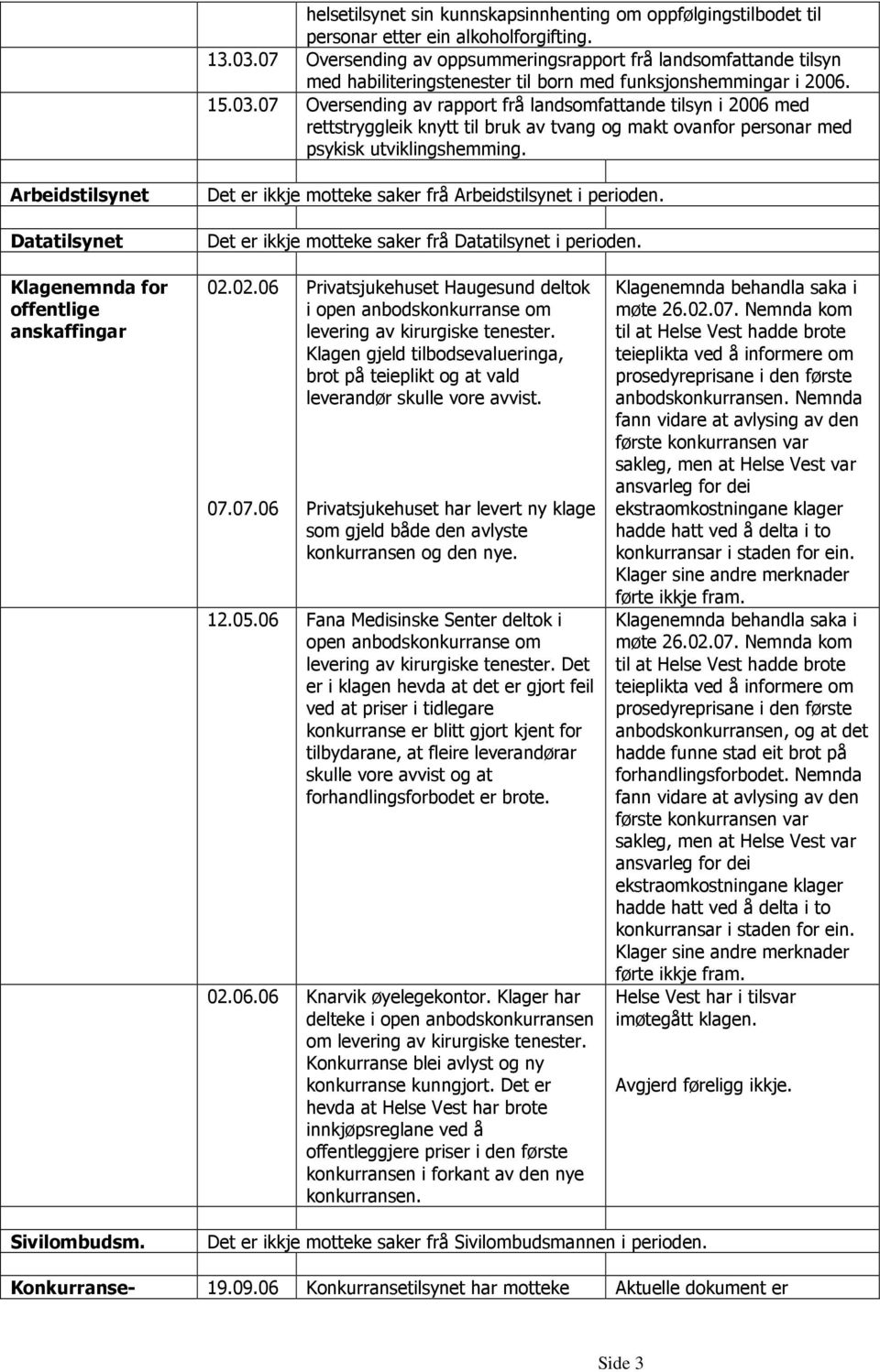 07 Oversending av rapport frå landsomfattande tilsyn i 2006 med rettstryggleik knytt til bruk av tvang og makt ovanfor personar med psykisk utviklingshemming.