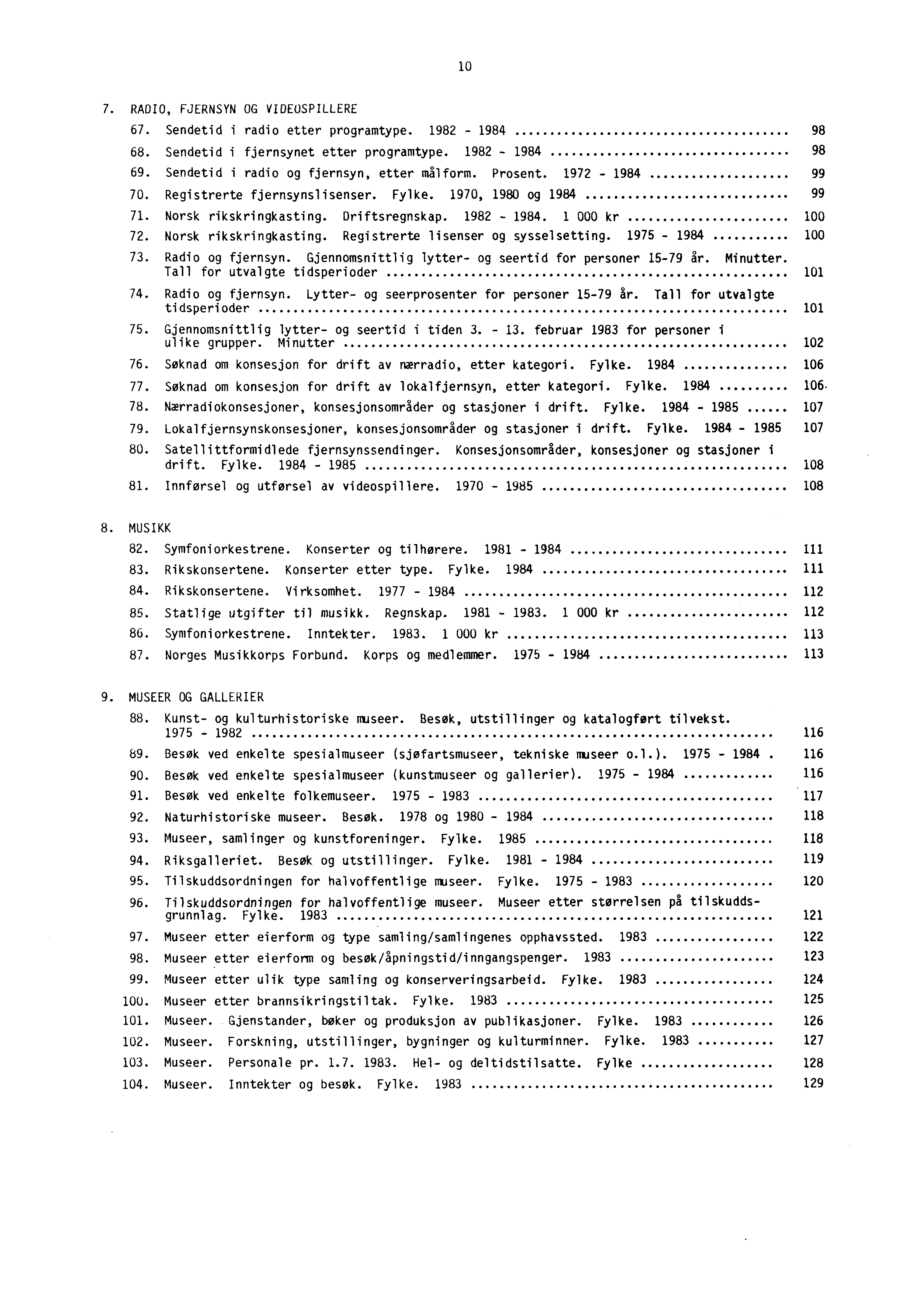 10 7. RADIO, FJERNSYN OG VIDEOSPILLERE 67. Sendetid i radio etter programtype. 1982-1984 98 68. Sendetid i fjernsynet etter programtype. 1982-1984 98 69. Sendetid i radio og fjernsyn, etter målform.