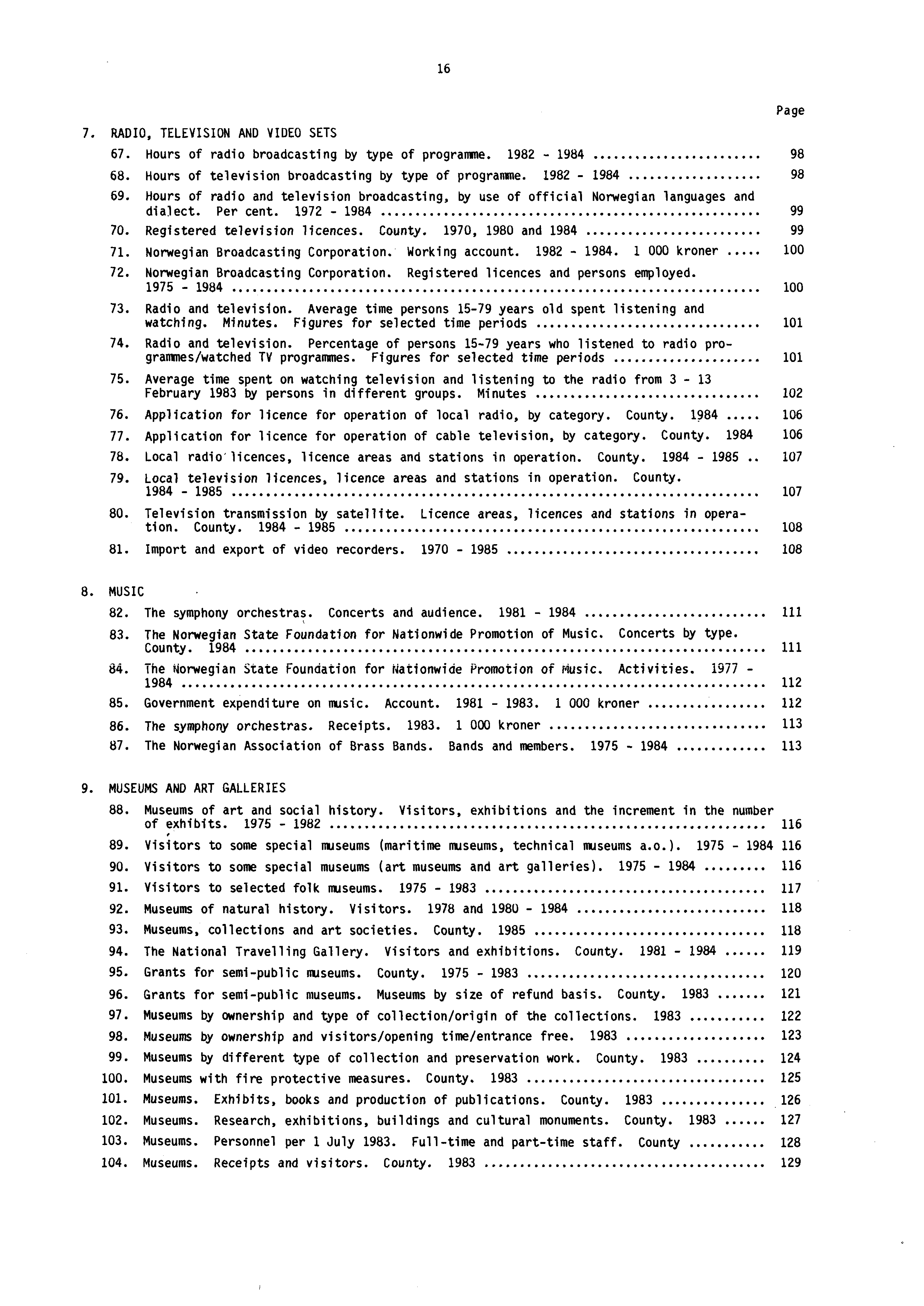 16 7. RADIO, TELEVISION AND VIDEO SETS 67. Hours of radio broadcasting by type of programme. 1982-1984 98 68. Hours of television broadcasting by type of programme. 1982-1984 98 69.