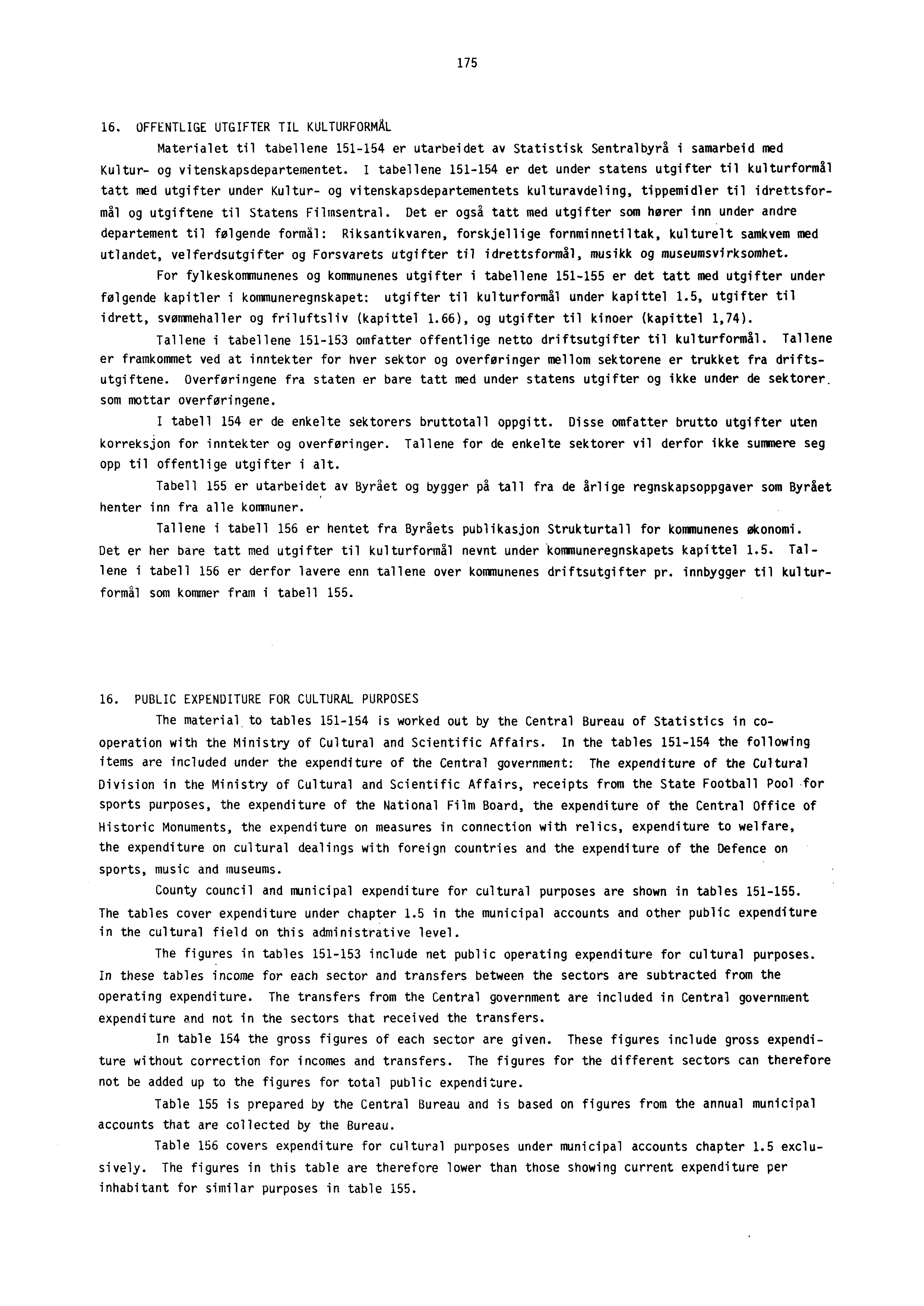 175 16. OFFENTLIGE UTGIFTER TIL KULTURFORMÅL Materialet til tabellene 151-154 er utarbeidet av Statistisk Sentralbyrå i samarbeid med Kultur- og vitenskapsdepartementet.