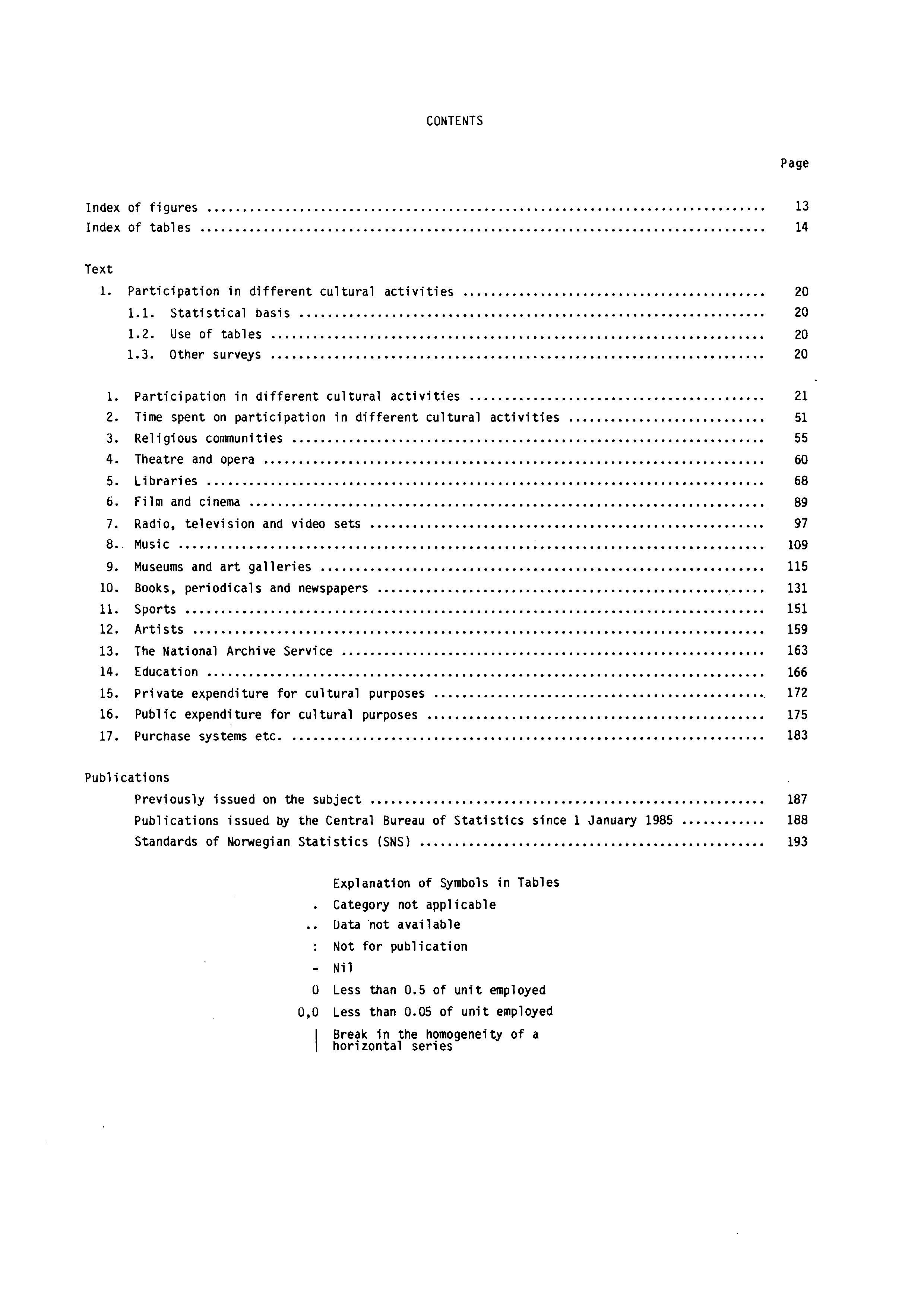 CONTENTS Page Index of figures 13 Index of tables 14 Text 1. Participation in different cultural activities 20 1.1. Statistical basis 20 1.2. Use of tables 20 1.3. Other surveys 20 1.