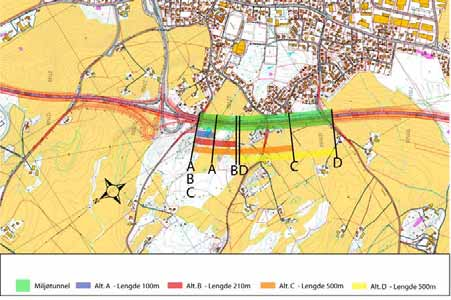 Temarapport: Luftkvalitet Kommunedelplan med konsekvensutredning Figur 4 Lengder/ plassering av eventuell miljøtunnel Furulund.