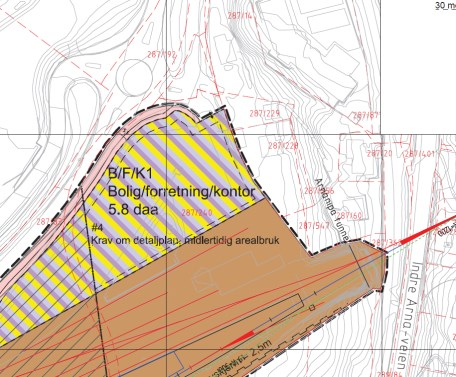 benevnelse for BRA) er satt til 100-200 %. Bestemmelsene sier maks mønehøyde 16 m og gesimshøyde 12 m mot Ådnavegen. Hovedfasadene til bygninger langs begge sider av Ådnavegen skal legges nord/sør.