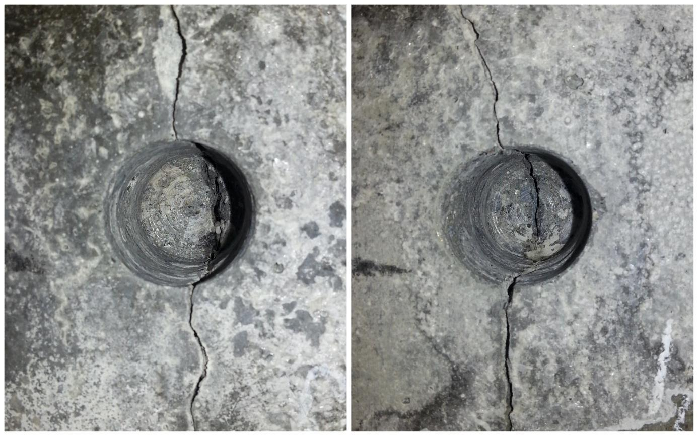 Figur 32: Prøvestykker der det er boret ut betongstøv i riss. Venstre: Risset er ikke i senter av prøven i de innerste sjiktene.