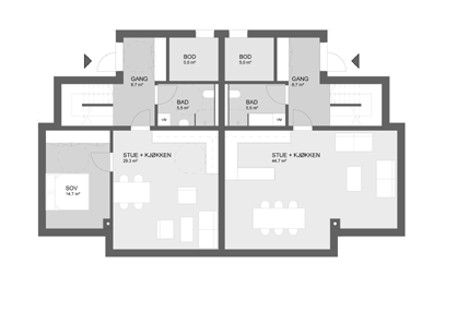 Overdekket 7,3 m² STUE + KJØKKEN 42,5 m² 5 330 STUE + KJØKKEN 25,4 m² 1 500 9 080 7,3 m² 9 080 Overdekket 3 000 750 16,4 m² 3 600 3 460 1 870 3 750 BTA BYGG 164,3 m² BTA ENHET 83,3 m² BRA 1 ETASJE