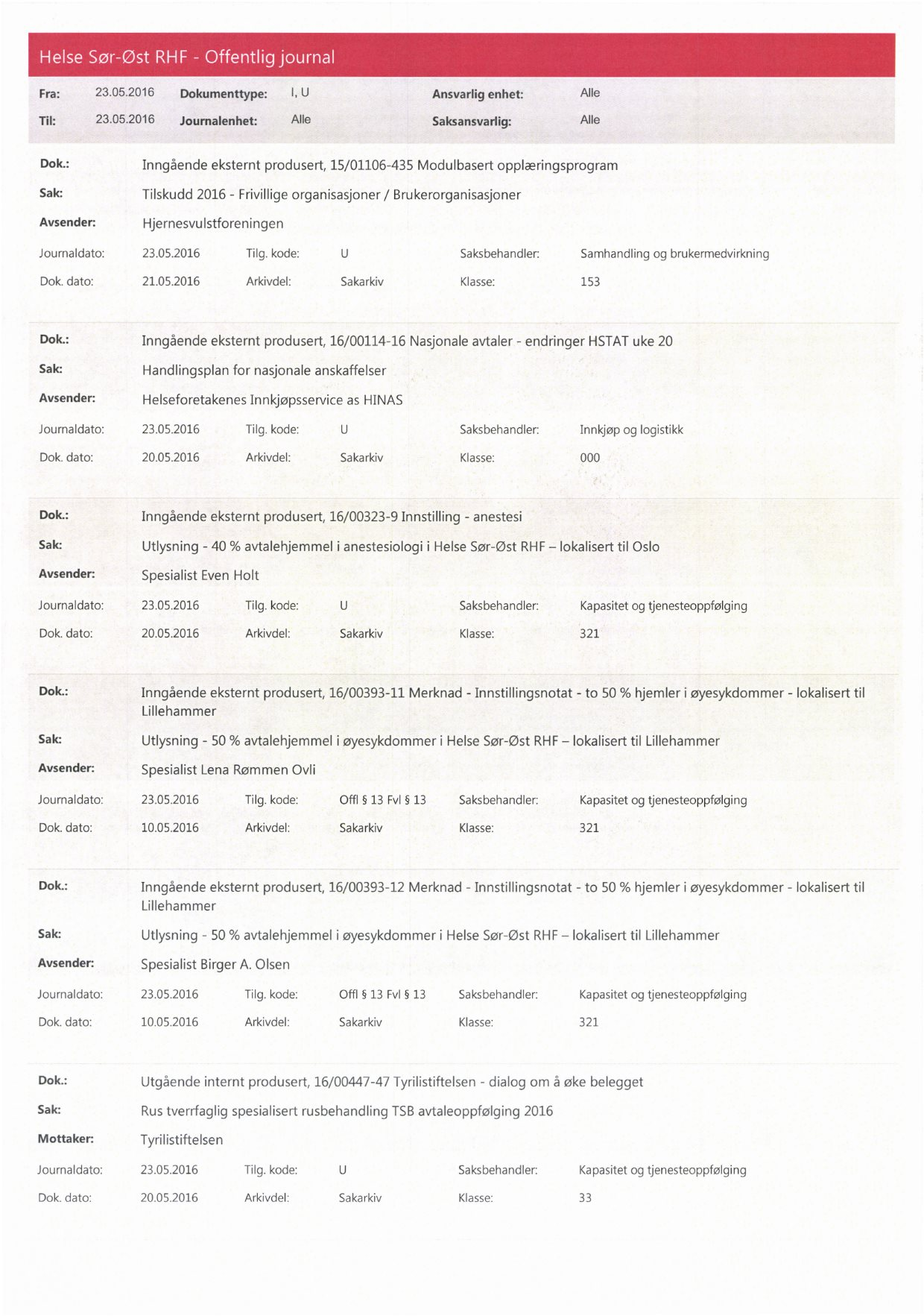 o Fra: 23.05.2016 Dokumenttype: I, U Ansvarlig enhet: Alle Dok.