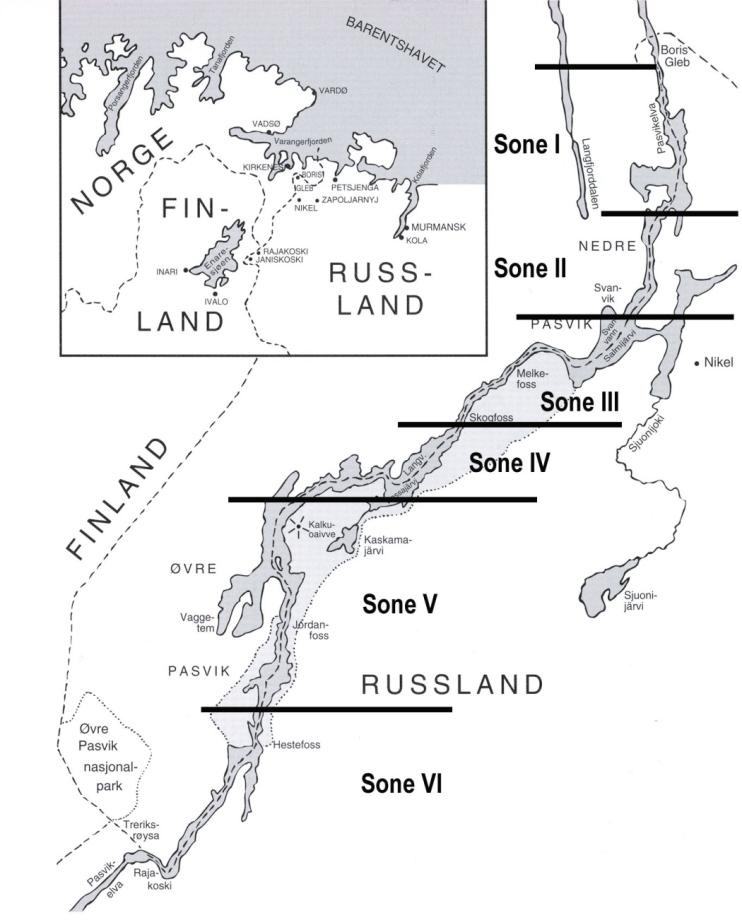 3. Metoder 3.1 Undersøkelsesområdet 3.1.1 Geografisk inndeling av undersøkelsesområdet Pasvikdalen er delt inn i seks soner i forbindelse med registreringsarbeidet.