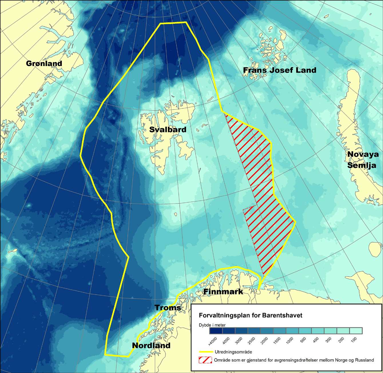 Figur 1.2 Området som omfattes av utredningene som skal ligge til grunn for forvaltningsplanen for Barentshavet 1.
