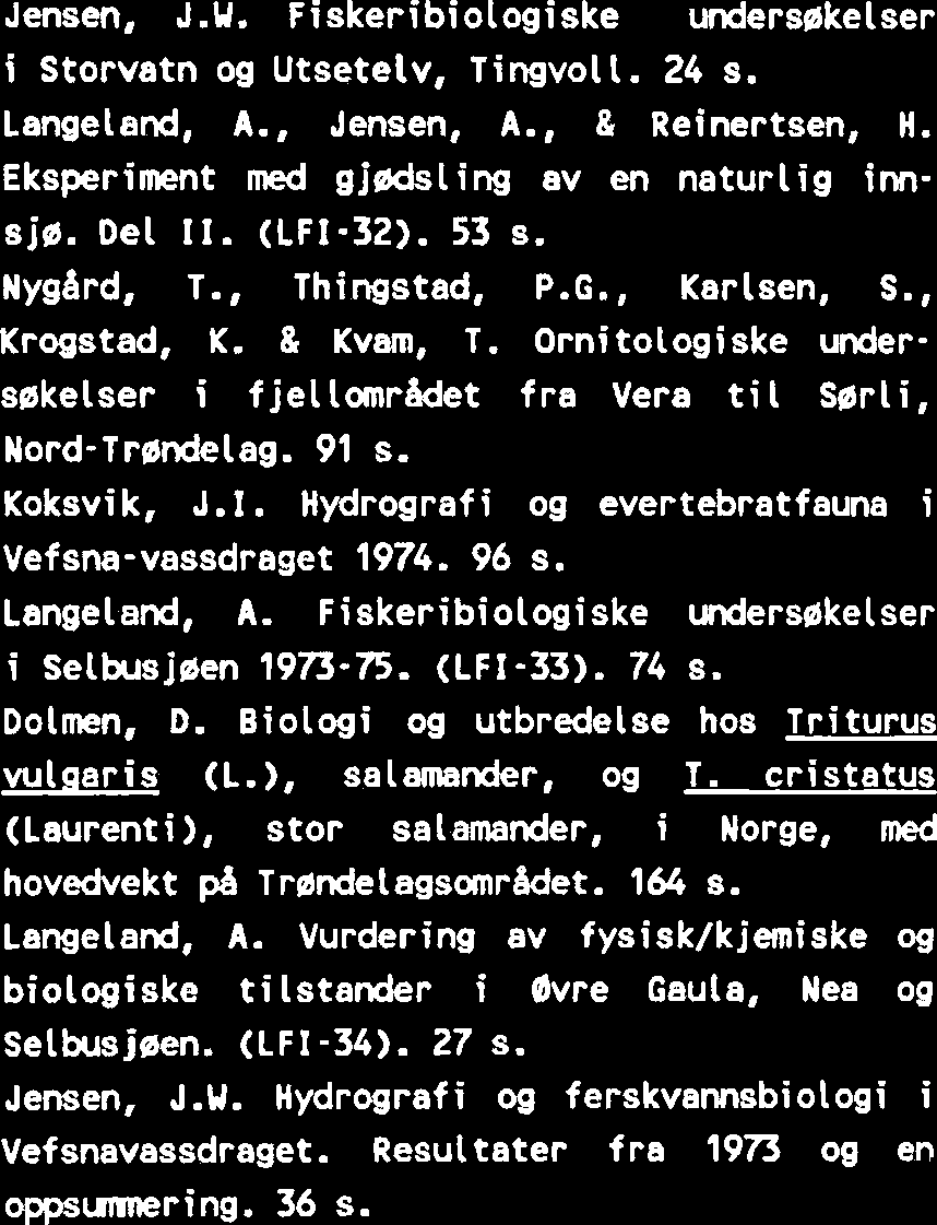 TIDLIGERE UTKOMMET I K. NORSKE VIDENSK. SELSK. HUS. RAPPORT ZOOL. SER. (1974-1986) VITENSKAPSWSEET, RAPPORT ZOOLOGISK SERIE (1987- Jensen, J.U. Fisket i Ringvatnene, Abjsravassdraget. (LFI-19). 14 s.