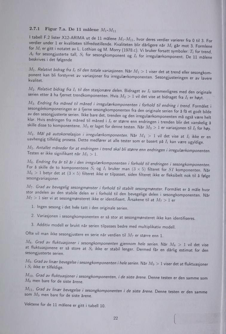 2.7.1 Figur 7.a. De 11 målene Mx-Mu I tabell F.2 lister Xl2-ARIMA ut de 11 målene Ml-M11, hvor deres verdier varierer fra 0 til 3 For verdier under 1 er kvaliteten tilfredsstillende.