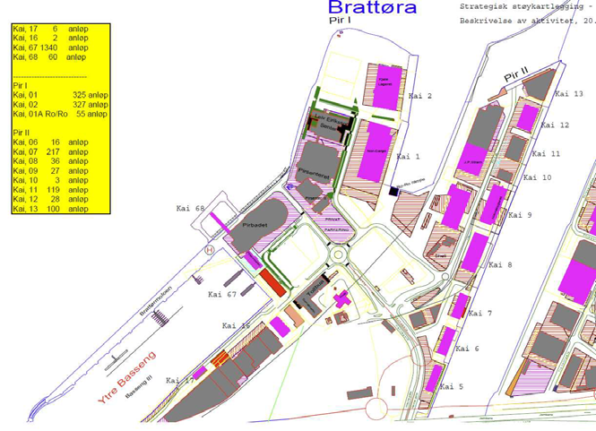 Figur 2: Ila Pir med kai. 4.2 Brattøra Brattøra Pir med kai er vist i figur 3. De mest støyende aktivitetene er fordelt slik: Nordgående hurtigrute på kai 1 kl. 06:00-12:00, alle dager.