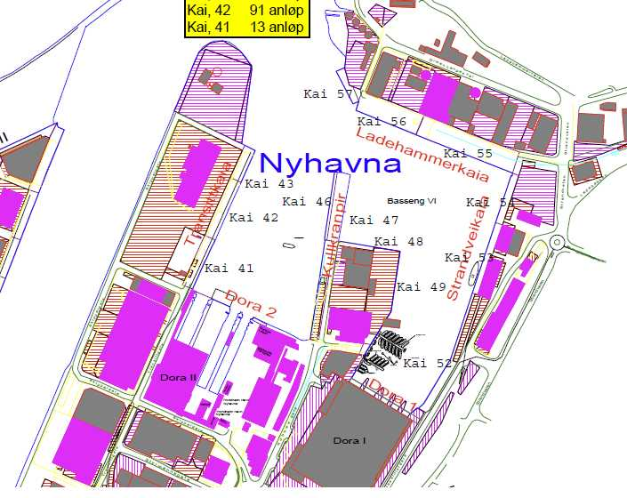 4.3 Nyhavna Nyhavna Pir med kai er vist i figur 4. De mest støyende aktivitetene er fordelt slik: Ved kai 48 og 49 kommer skrapjern inn med bil.