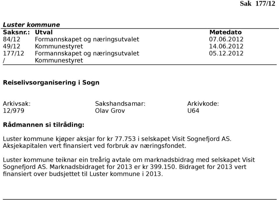 753 i selskapet Visit Sognefjord AS. Aksjekapitalen vert finansiert ved forbruk av næringsfondet.