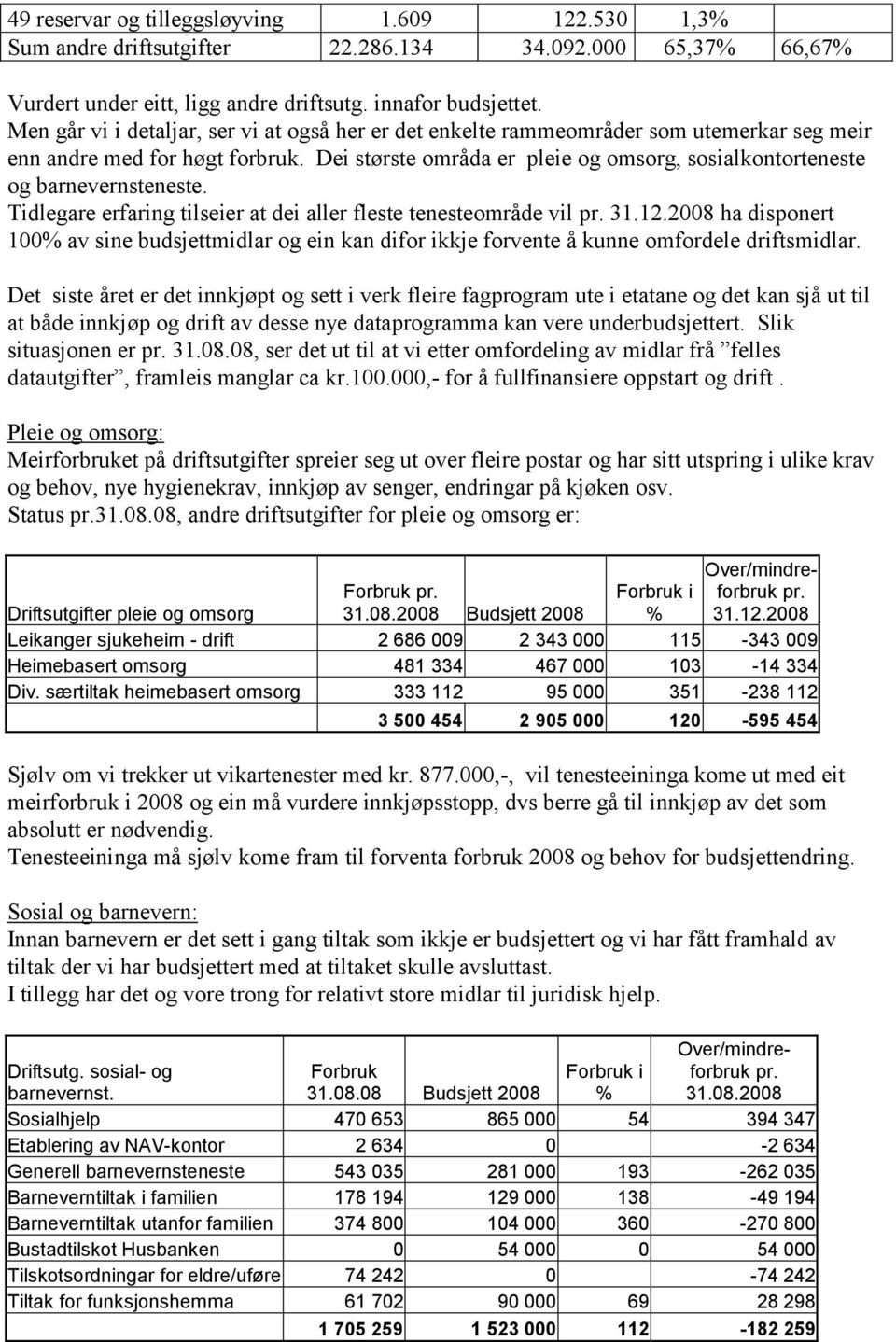 Dei største områda er pleie og omsorg, sosialkontorteneste og barnevernsteneste. Tidlegare erfaring tilseier at dei aller fleste tenesteområde vil pr. 31.12.