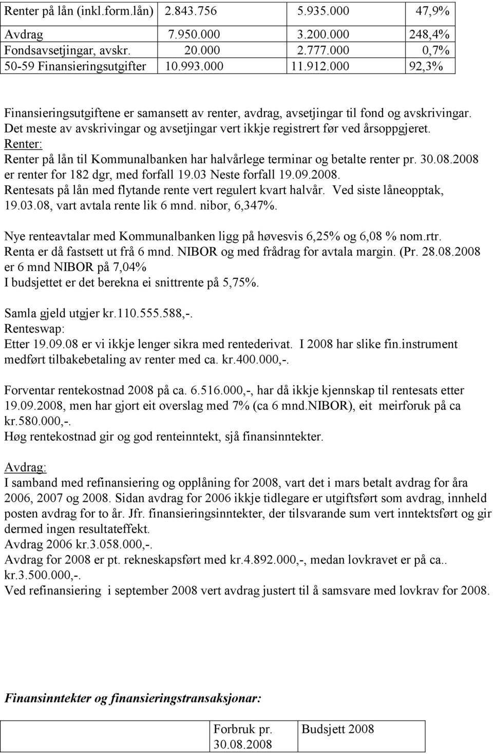 Renter: Renter på lån til Kommunalbanken har halvårlege terminar og betalte renter pr. 30.08.2008 er renter for 182 dgr, med forfall 19.03 Neste forfall 19.09.2008. Rentesats på lån med flytande rente vert regulert kvart halvår.