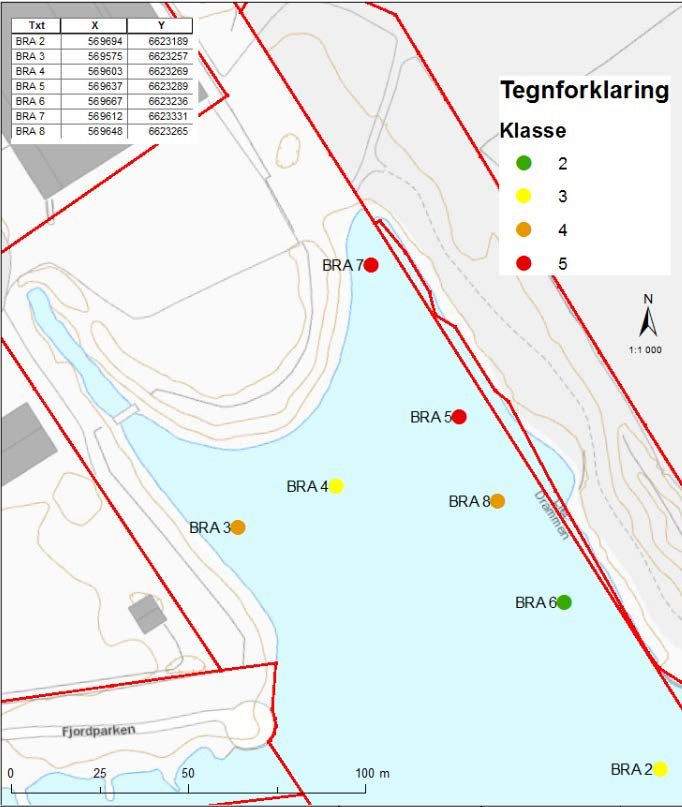 SEDIMENTUNDERSØKELSE BRAKERØYA Det er påvist olje i alle stasjonene, men det er ikke utarbeidet tilstandsklasser for oljeforbindelser i sedimenter.