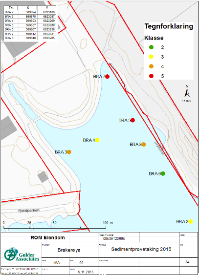 SEDIMENTUNDERSØKELSE BRAKERØYA VEDLEGG 1 - OVERSIKTSKART OVER PLASSERING AV PRØVETAKINGSSTASJONENE, VIST MED HØYESTE PÅVISTE