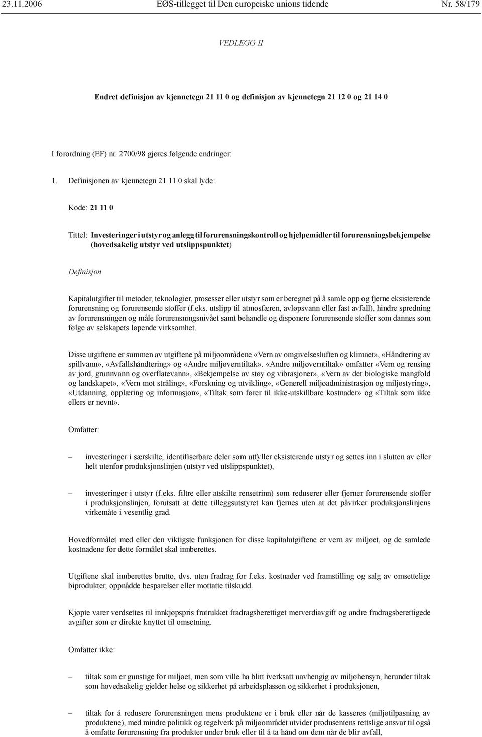 en av kjennetegn 21 11 0 skal lyde: Kode: 21 11 0 Tittel: Investeringer i utstyr og anlegg til forurensningskontroll og hjelpemidler til forurensningsbekjempelse (hovedsakelig utstyr ved