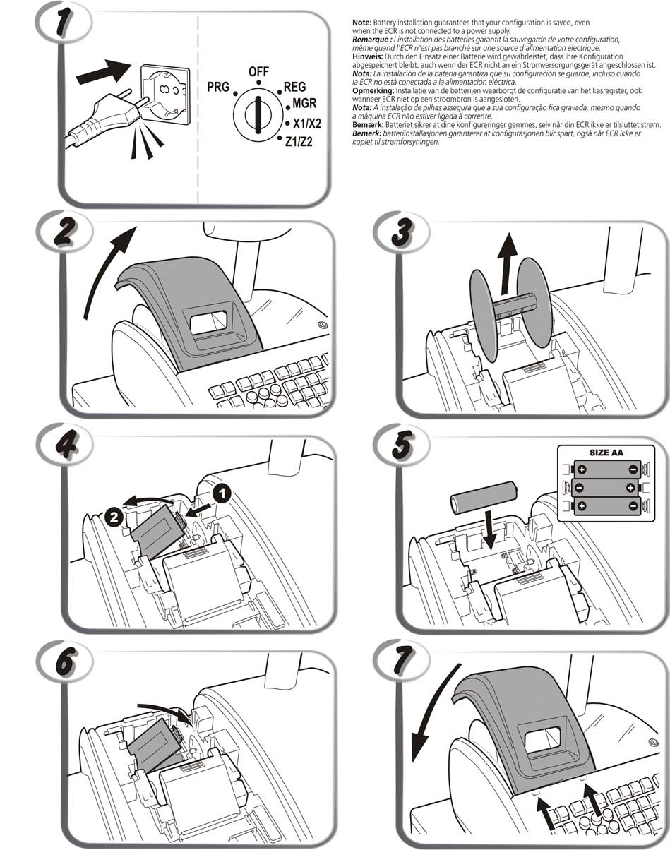 INSERTING MEMORY BACKUP BATTERIES INSÉRER LES BATTERIES TAMPONS DE LA MÉMOIRE BATTERIEN ZUR SPEICHERSICHERUNG EINSETZEN INSERCIÓN DE LAS BATERÍAS DE RESPALDO DE LA