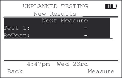 Når instrumentet starter målingen, merk at testpunktene genereres automatisk fra testpunkt-tellingen for nåværende Resultatsett, f. eks. Måling 1, Måling 2 osv.