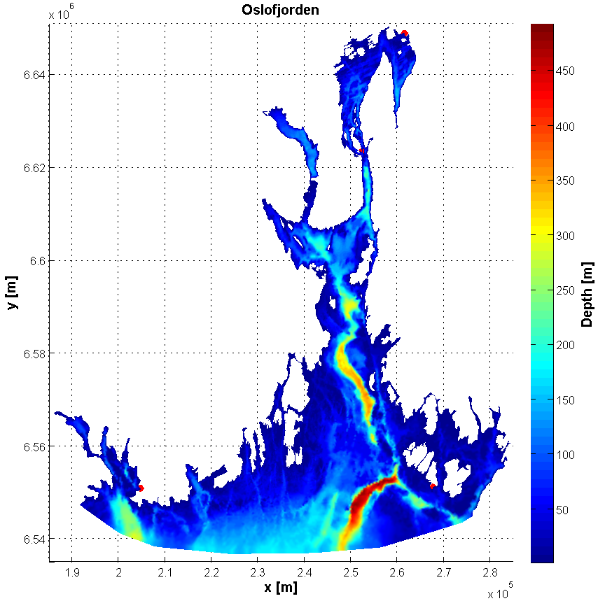 2. Modellområdet Modellområdet for Oslofjorden strekker seg fra innerst i Indre Oslofjord og Drammensfjorden og sør til Helgeroa og Viker (se Figur 2). Maksimumdyp i modellen er 493 meter.