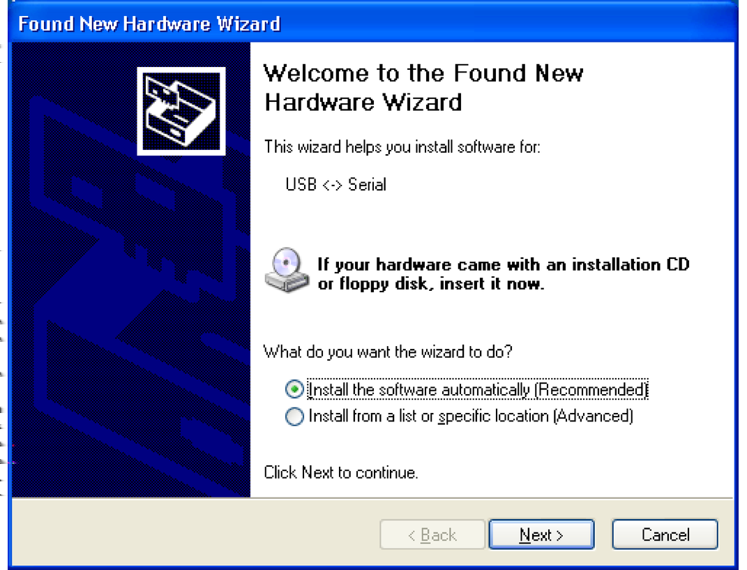 Montering 2.1.1 Installasjon på Windows XP 1. Sett inn den installerings-cd-en. 2. Koble HHR i USB-porten med den medfølgende kommunikasjonskabelen.