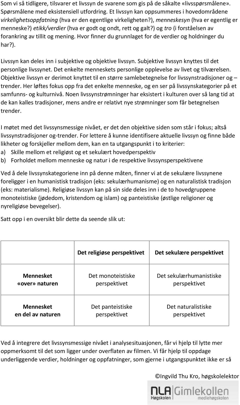 ) og tro (i forståelsen av forankring av tillit og mening. Hvor finner du grunnlaget for de verdier og holdninger du har?). Livssyn kan deles inn i subjektive og objektive livssyn.