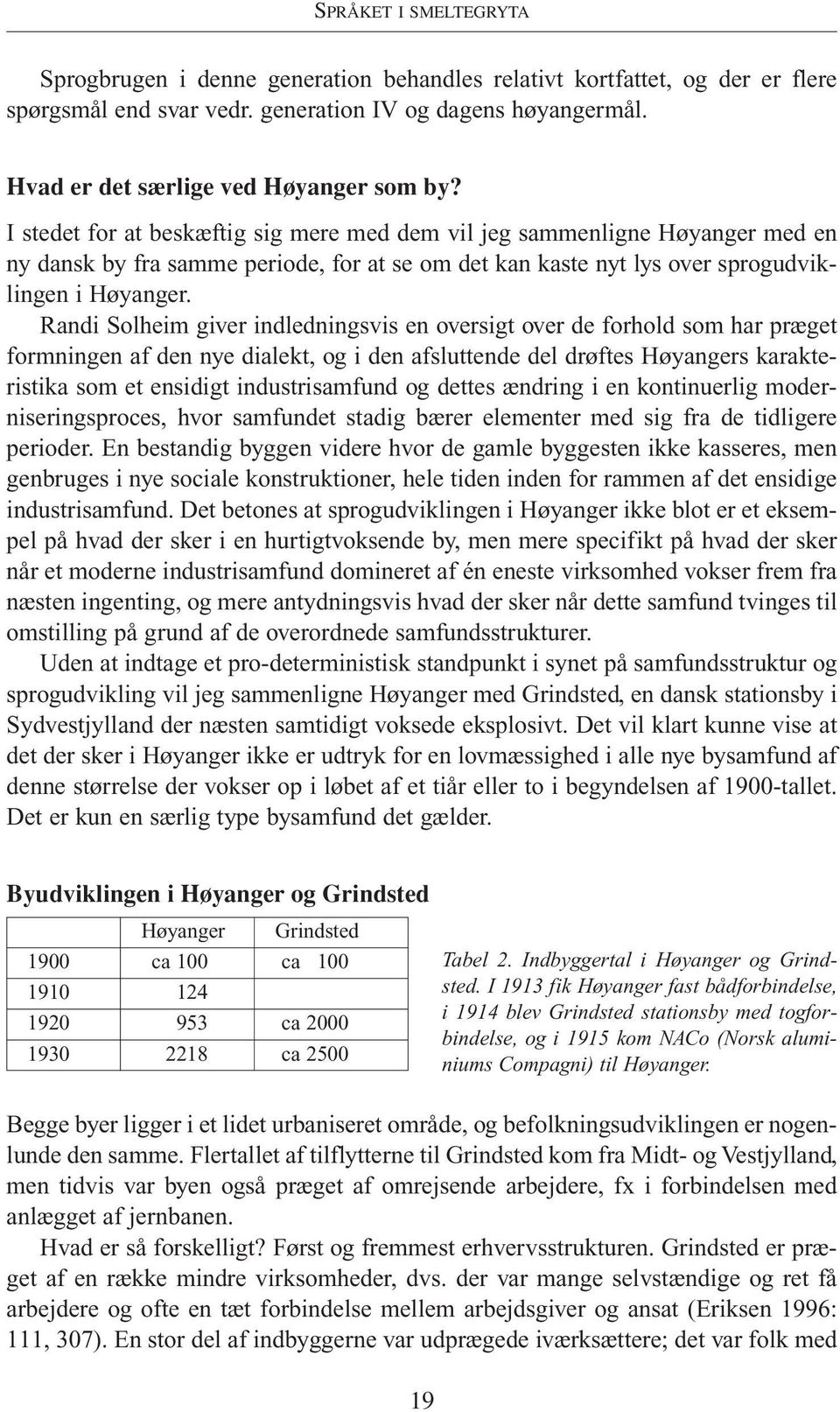 I stedet for at beskæftig sig mere med dem vil jeg sammenligne Høyanger med en ny dansk by fra samme periode, for at se om det kan kaste nyt lys over sprogudviklingen i Høyanger.