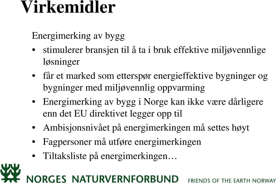 oppvarming Energimerking av bygg i Norge kan ikke være dårligere enn det EU direktivet legger opp til