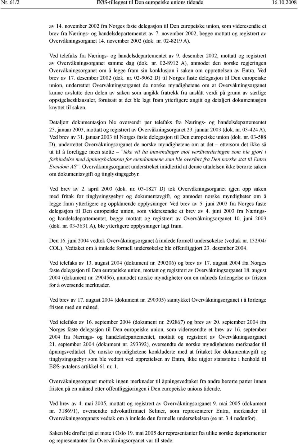 november 2002, begge mottatt og registrert av Overvåknings organet 14. november 2002 (dok. nr. 02-8219 A). Ved telefaks fra Nærings- og handelsdepartementet av 9.