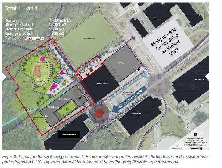 Tomt 1 alt. 1 Skole ved siden av Risenga svømmehall Får plass til skolen på tomta, men ikke plass til utearealene.