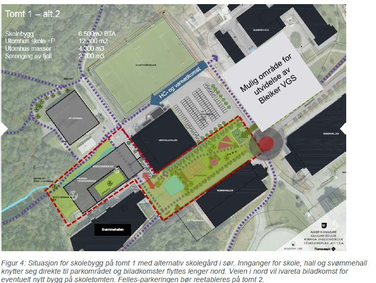 Tomt 1 alt. 2 Skole ved siden av Risenga svømmehall Får plass til skolen på tomta, men ikke plass til utearealene.