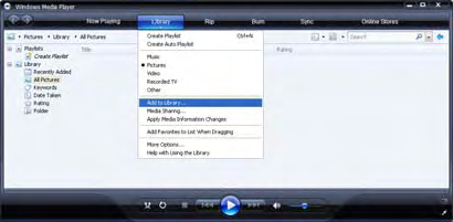 Windows Media Player v11 på Windows XP Angi nettverksdeling I Windows Media Player velger du Library (Bibliotek) fra menyen og velger Media sharing (Mediedeling) Du kan åpne vinduet Settings